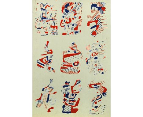 § Jean Dubuffet (French, 1901-1985) Red, blue, white, lithograph on card, 81 x 57 cm (31.9 x 22.4in) (2); together with two B