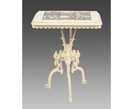 A Victorian white painted cast iron tripod table base, with later tiled top, 72cm h; 55 x 36cm  Good condition