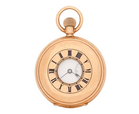 An 18ct gold half hunting cased keyless lever watch, with three-quarter plate movement, marked SWISS MADE, enamel dial, gold 