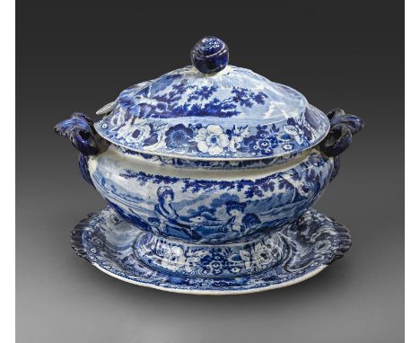 An Edward & George Phillips underglaze blue printed earthenware Pastoral Scenes pattern soup tureen, cover and stand, c1825, 