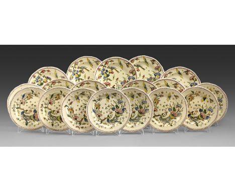 A set of eighteen Gien faience plates, late 19th c, printed and painted with cornucopia, birds and insects, 24cm diam and sma