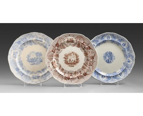 Three Middlesbrough Pottery blue printed earthenware Arabian Nights or Granada pattern chargers, c1835, transfer printed in b
