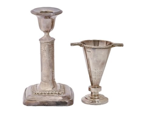 A George VI modernist silver cup, 98mm h, by Walker &amp; Hall Ltd, Sheffield 1937, 2oz 18dwt and an Edwardian silver dwarf c
