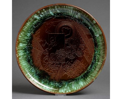 Christopher Dresser for Linthorpe Art Pottery - Aesthetic dish, c1885, glazed earthenware, 33cm diam, impressed LINTHORPE, Dr