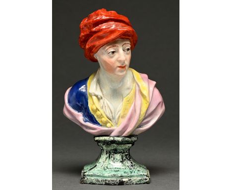 A Staffordshire pearlware portrait bust of Matthew Prior, c1810, painted in overglaze enamels, on integral faux malachite soc