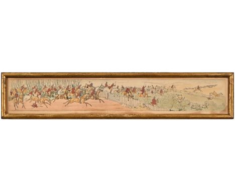 English School, early 19th century - Fox Hunting, six, etchings with contemporary hand-colouring, 9 x 56cm, (6)  Good conditi