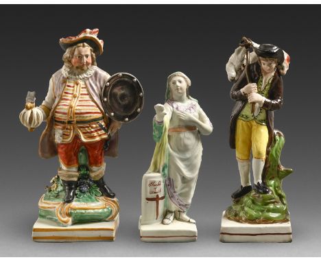 Two Staffordshire pearlware figures of the Shield of Faith and a Shepherd and a Wood & Caldwell pearlware figure of James Qui