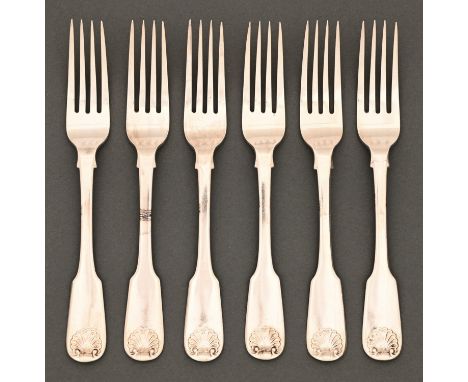 A set of six George IV silver table forks, Fiddle and Shell pattern, initialled W, by George Piercy, London 1824, 17oz 5dwt  