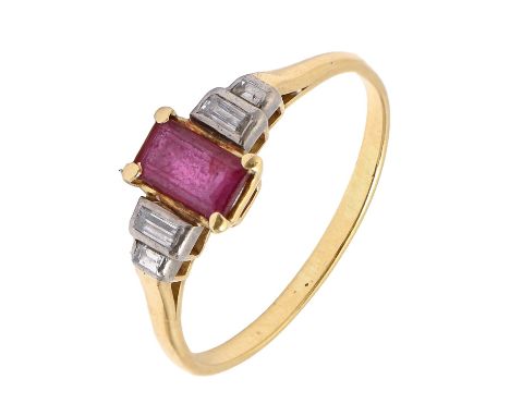 A ruby and diamond ring, gold hoop, 2.3g, size O  Hoop thin and ruby scratched from wear