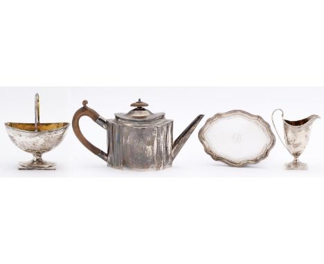 A George III silver tea service, with engraved borders and initial D, the straight sided teapot with flush joint to the domed
