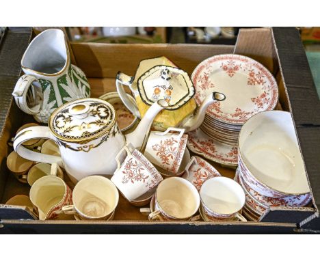 A Royal Crown Derby bone china Majesty pattern coffee pot, a 1930s red transfer printed part tea service, etc  