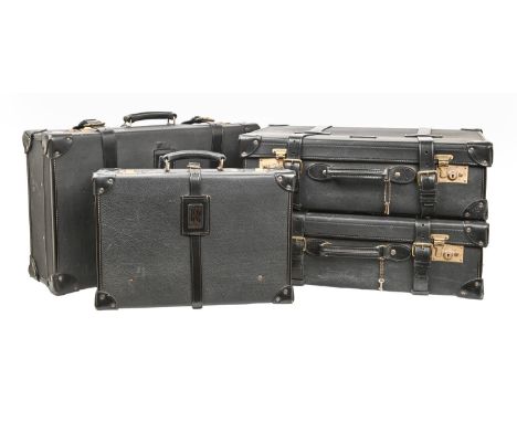 Motoring interest. A set of three Papworth black leather Rolls Royce suitcases, with brass clasps and buckles, 19cm h; 65 x 4