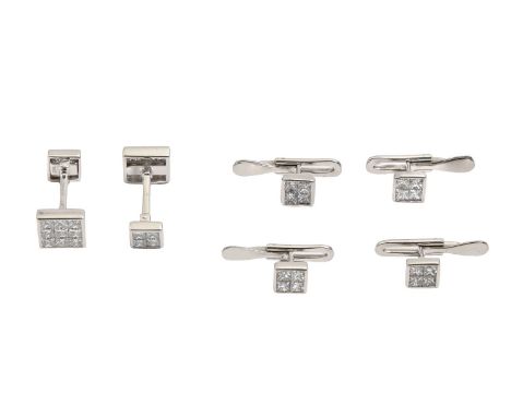 A &nbsp;gentleman's diamond dress set, with princess cut diamonds mounted in white gold, cufflinks 9.5 x 10mm, marked 750, 20