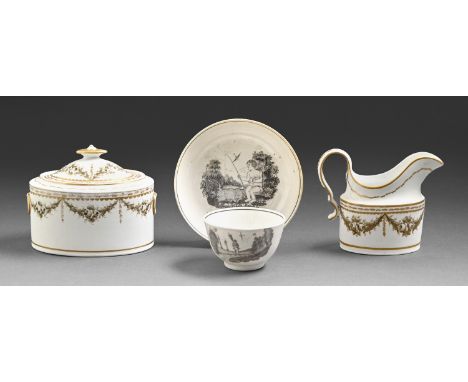 A Spode porcelain cream jug and sucrier and cover, c1800, painted en grisaille with swags of flowers and leaves, 11.5cm h and