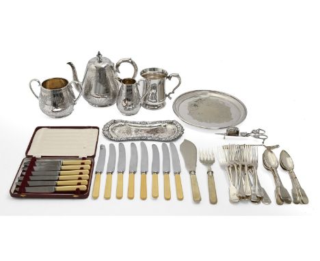 Miscellaneous plated ware, to include a Victorian tea service, flatware and a salver, etc  