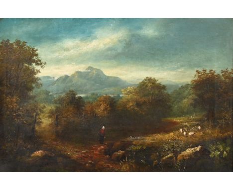 B Marshall (late 19th century) - Figure and Sheep in a Wooded Landscape, oil on canvas, 49 x 75cm  Unlined, original conditio
