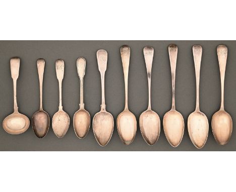 Six George III and IV silver tablespoons, two dessert spoons and a sauce ladle, Old English, Fiddle and Fiddle and Thread pat