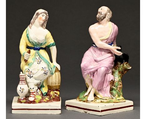 Two Staffordshire pearlware figures of Elijah and the Ravens and The Widow of Zarephath, c1820, painted in overglaze enamels,