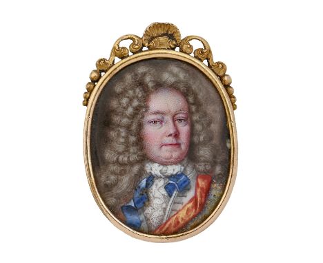 Attributed to Peter Boy (1648-1727) - Portrait Miniature of a Nobleman, enamel on gold, oval 25mm, in gold frame surmounted b