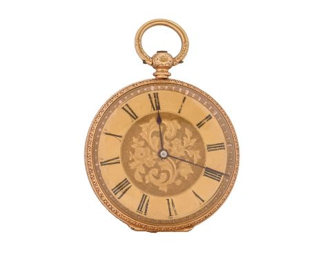 A Swiss gold cylinder lady's watch, c1900, engraved and engine turned case, gold bow and cuvette, 37mm diam, marked 18K, 36.3