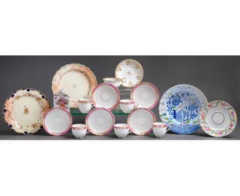A Chinese export famille rose tea canister, late 18th c, painted with a vase of flowers, 11cm h, and a group of English porce