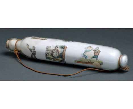 A Victorian glass rolling pin, the interior applied with printed scraps, 31cm l  Damage to one end with glass absent