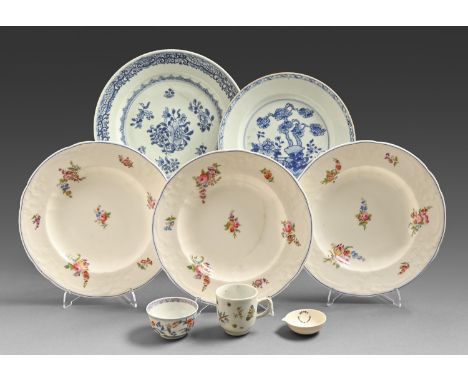 A Chinese export porcelain famille rose coffee cup, a contemporary blue and white tea bowl, with European red and gilt decora