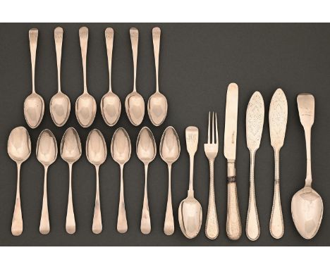 Miscellaneous silver flatware, George III-Victorian, various patterns, makers and dates, 12oz 10dwt weighable  Wear consisten