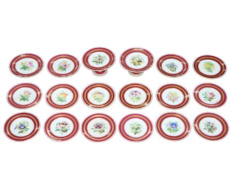 An English porcelain botanical dessert service, second half 19th c, with claret and gilt border, pattern no 932 (18)  Two wit
