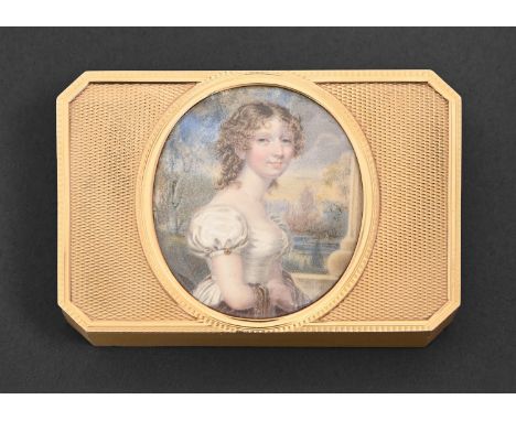 A Regency 18ct gold boîte à miniature, 1804, the portrait miniature by Henry Collen (1797-1879), in a white dress with jewels