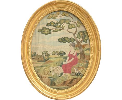 A Regency painted silk pictorial embroidery, worked in mainly long and short stitch and French knots, with a shepherdess bene