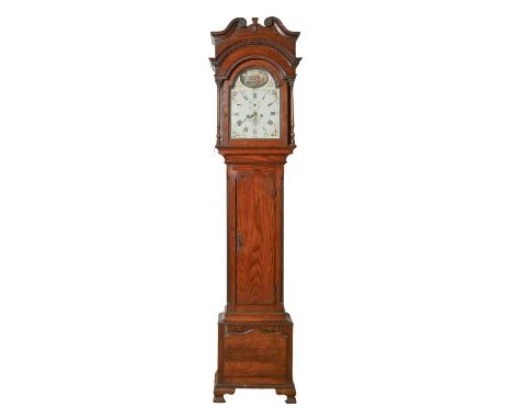 An oak eight-day longcase clock, J Hunter, Bristol, early 19th c, the painted dial with date arc and subsidiary seconds ring,