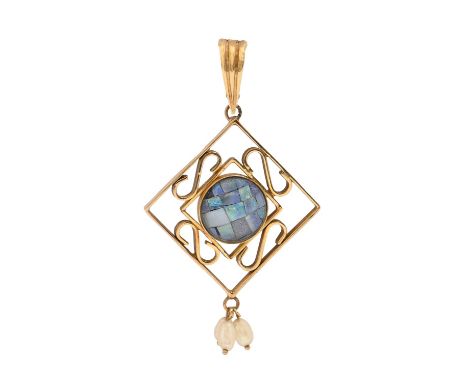 An opal doublet, baroque pearl and gold&nbsp; openwork pendant, 71mm h, indistinctly marked, 10.8g  