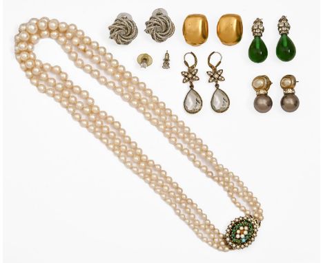 A cultured pearl three row necklace, 20th c, of 4-8mm cultured pearls, oval gold clasp marked 9ct and miscellaneous earrings 