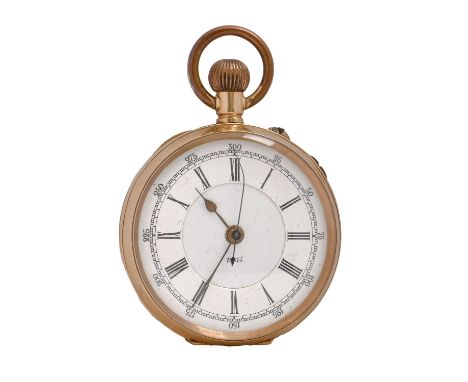 A Swiss gold keyless lever watch, c1900, with three-quarter plate movement, enamel dial and basemetal cuvette and bow, 50mm d
