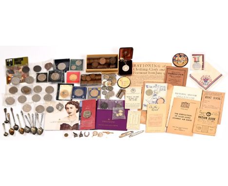 Miscellaneous British pre-decimal commemorative and other coins and medals, ration books, rent books and other printed epheme