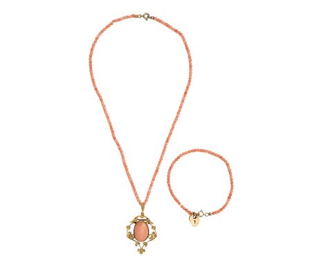 A coral, split pearl and gold openwork brooch-pendant, 48mm h, marked 15ct and a necklace and bracelet of coral beads, 16g  T