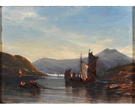 English School - Fishing Boats on a Lake, oil on board, 14 x 19cm  Marginal marks from former mounting, some light surface we