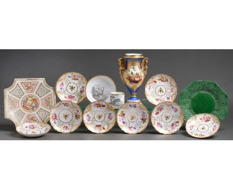 A group of English porcelain and earthenware tea and decorative ware, first half 19th c, to include eight Coalport saucers, p