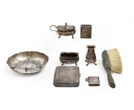 A German silver sweetmeat dish inset with a thaler, 1866, silver vesta case, cigarette case and other articles, 19oz weighabl
