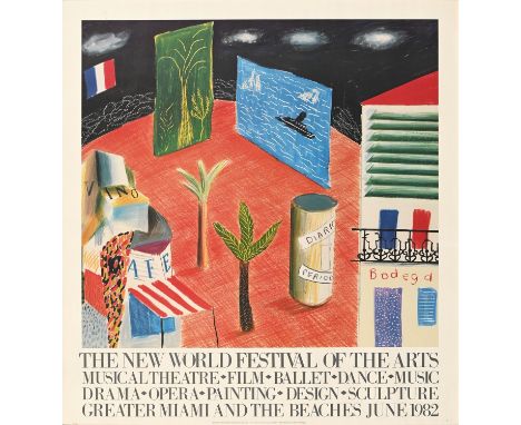 David Hockney OM CH RA (b. 1937) - The New World Festival of the Arts, June 1982, Detail from "The Zanzibar with postcards an