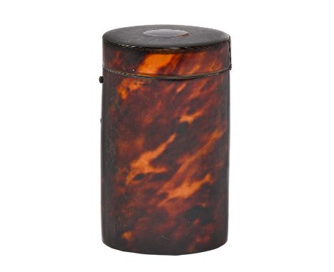 A tortoiseshell case, early 19th c, with hinged lid, 11.5cm h; 6.5 x 4.5cm Lid fastens tightly shut, crack next to hinge on l