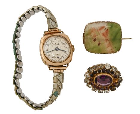 An agate cushion-shaped brooch, mid 19th c, in gold, 21 x 25mm, a Victorian paste and giltmetal brooch and a Buren 9ct gold c