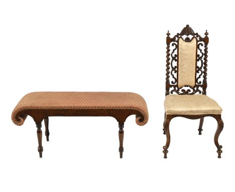A Victorian mahogany scroll-end stool, on turned legs, covered with nail back woolwork fabric, 106cm l and a contemporary ros