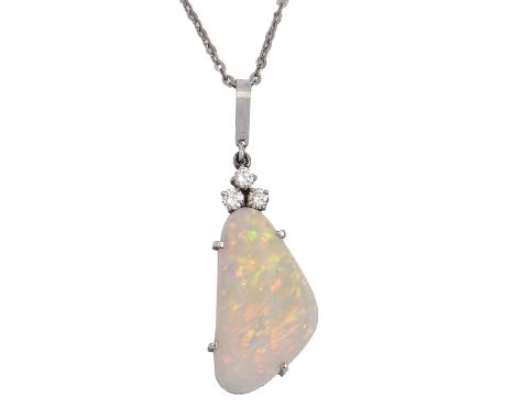 An opal and diamond pendant, c1980, in white gold, 25mm h, marked 750 18ct, on white gold chain, marked 750, 4.2g  Good condi