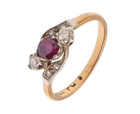 A ruby and diamond ring, gold hoop marked 18ct PL, 2.3g, size K  Good conditionRuby with very slight chips on table facet, vi