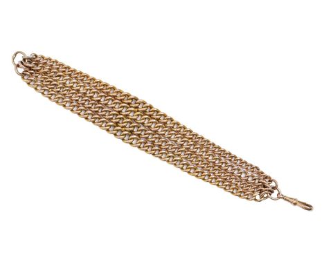 A 9ct gold bracelet, adapted from early 20th c alberts, of four strands of curb links, 17.5cm l, links individually marked, 7
