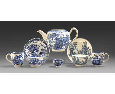 A group of Caughley and Worcester underglaze blue printed teaware, late 18th c, to include a Caughley Fisherman pattern minia