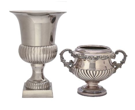A Mappin &amp; Webb princes plate twin-handled champagne cooler, with zinc liner, 22cm h and another campana shaped example, 