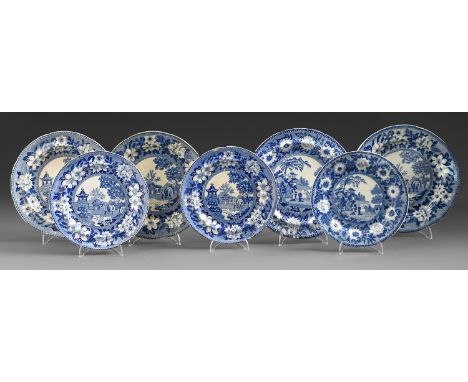 Seven John Rogers & Sons blue printed earthenware plates, c1840, printed in the Zebra or Elephant pattern, 25cm diam and smal